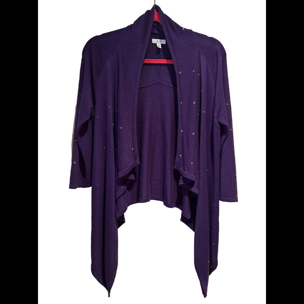 🧥💜Cache Purple Plum Open Front Cardigan 3/4 Sleeve Knit Studded Jacket Size M